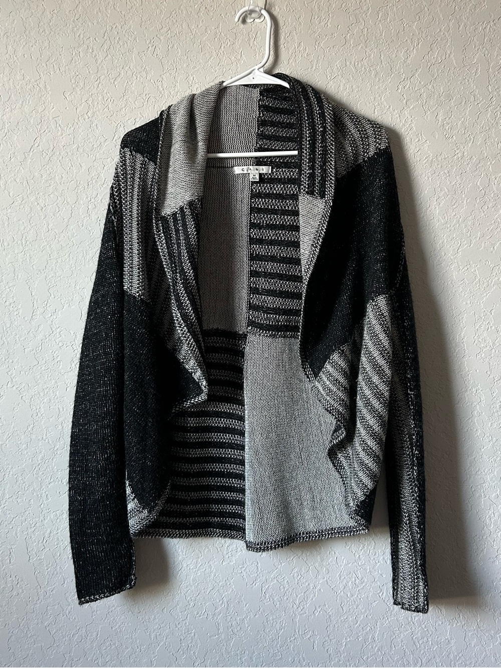 CAbi Gray Black Patchwork Wool Blend Open Front Cardigan